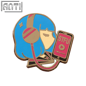 Custom Cartoon Cute Girl With Blue Hair Lapel Pin High Quality Designed To Listen To Music In Fashion Black Nickel Badge
