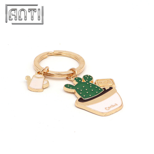 Promotional Plant Keychain Gold Plated Cute Cactus Keychain with Ring