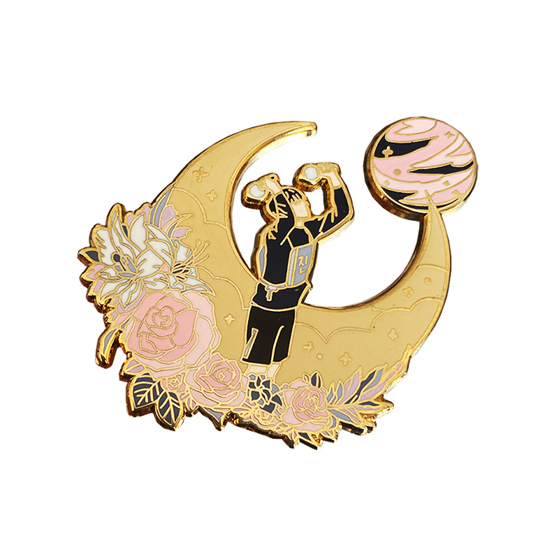 Hand Made Collection Wholesale Yellow Moon And Rose Beauty Man Hard Enamel Zinc Alloy Badge 