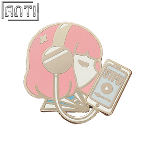 Custom Cartoon Cute Girl With PINK Hair Lapel Pin High Quality Designed To Listen To Music In Fashion Silver Metal Badge