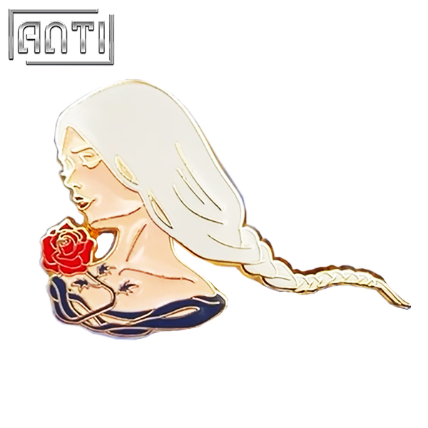 Custom Cartoon Pretty White Haired Girl Rose Lapel Pin Wholesale Manufacturer Hard Enamel High Quality Badge For Gift