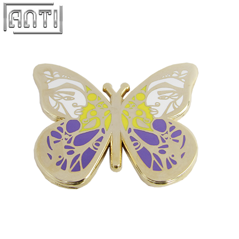 Custom Design High Quality Purple And White Golden Butterfly Hard Enamel Zinc Alloy Badge
