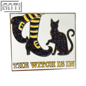 Custom Clown Shoes And a Black Cat Pin White Rectangular Design Black Glitter Silver Metal Badge Make An Enamel Pin For Gift