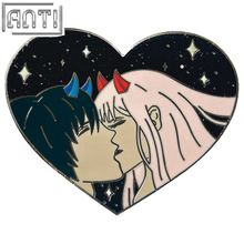 Custom Cartoon Couple With Devil Horns Lapel Pin Kissing a Lovestruck Couple Heart Shape Design Silver Metal Hard Enamel Badge 